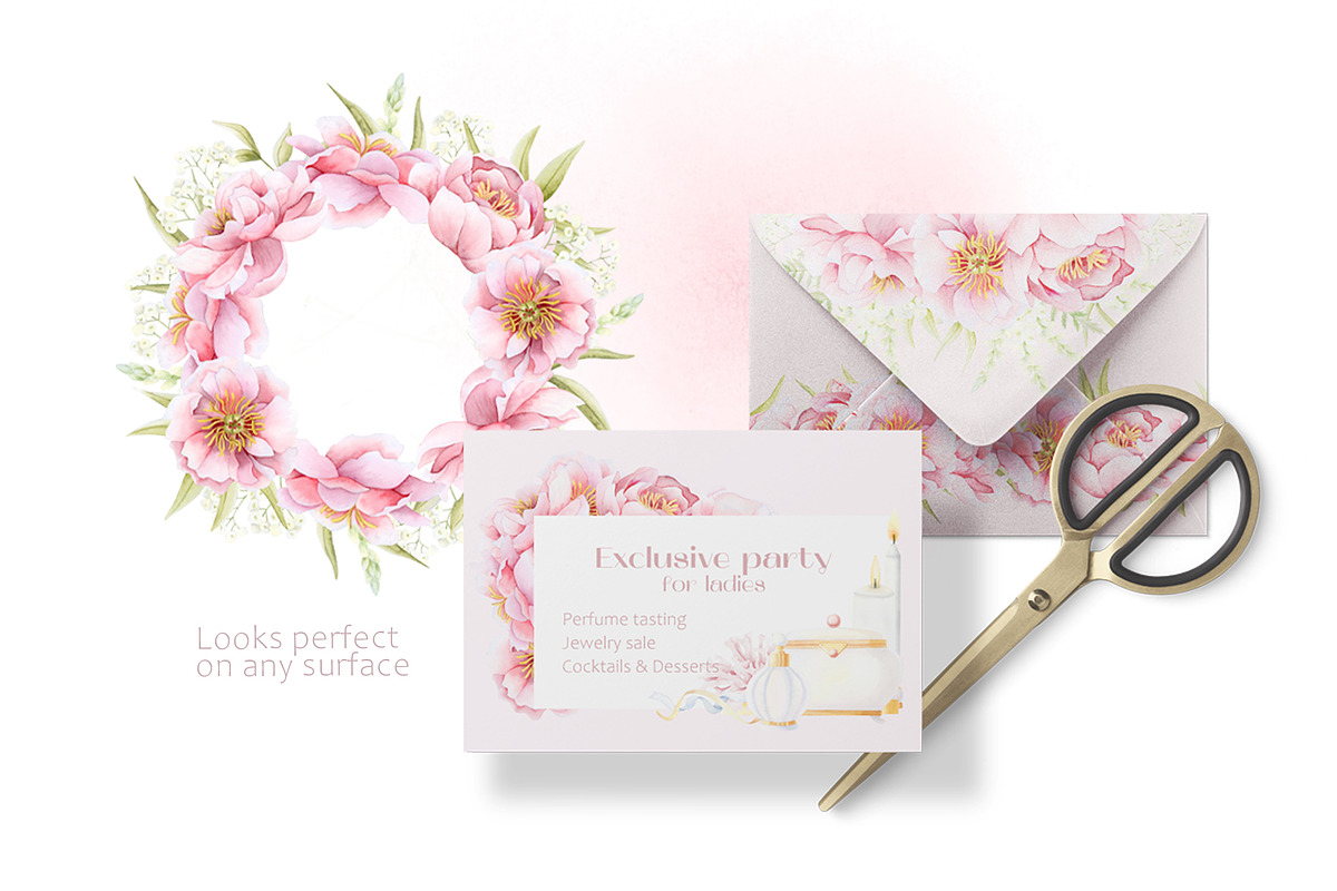 Pink Peonies Watercolor Women Beauty, a Decorative Illustration by Elena Malgina Clipart (Photo 5 of 13)