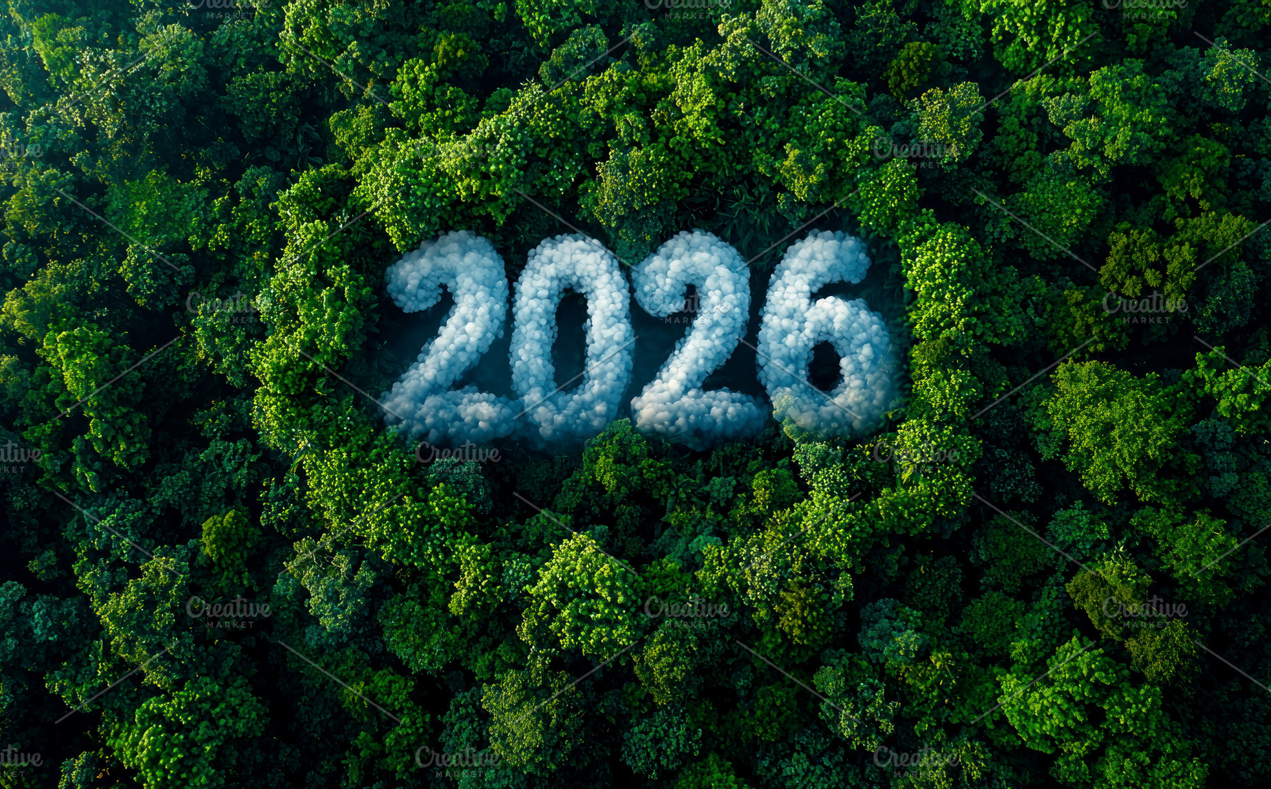 Cloud-formed 2026 numbers emerging from lush green forest canopy, a Background Photo by José Manuel Gelpi
