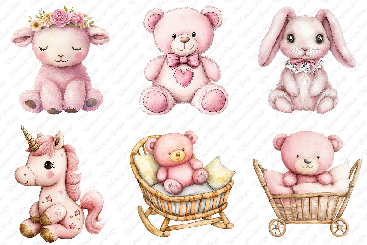 Pink Vintage Plush Animals Clipart, an Illustration by Watercolor design (Photo 3 of 12)
