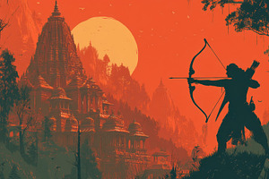 Lord Rama Archer Silhouette Aiming Arrow Toward Grand Hindu Temp, a Person Photo by José Manuel Gelpi