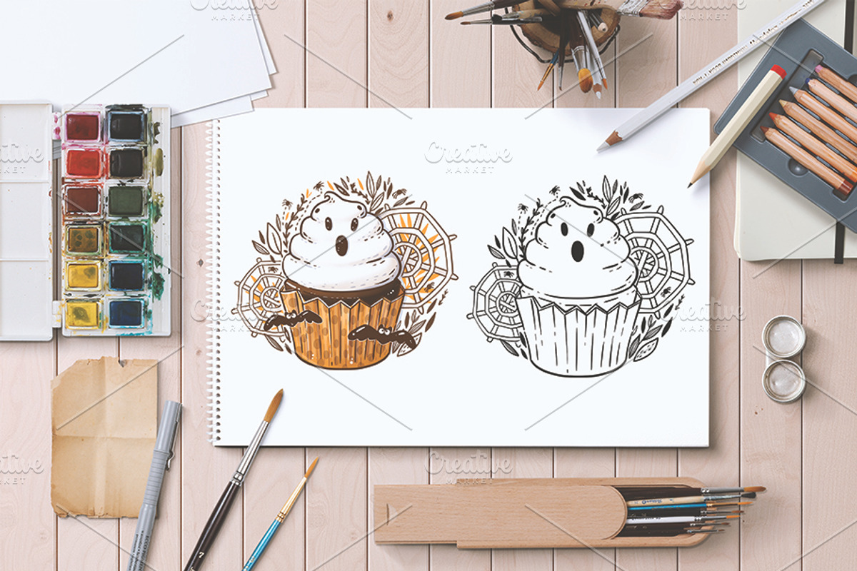 HALLOWEEN CUPCAKES: coloring pages, a Seasonal Illustration by Eereen Studio (Photo 4 of 6)