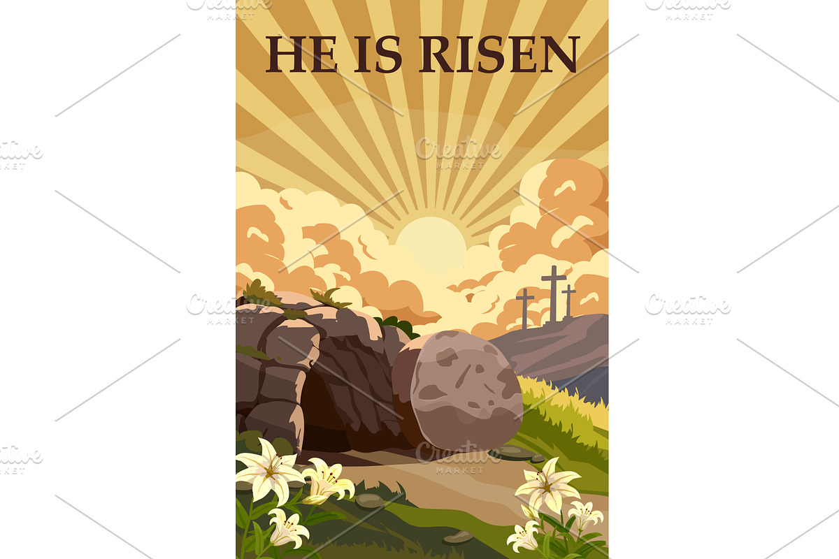 He Is Risen Empty Tomb with Sunrise, a Seasonal Illustration by Vector_Up (Photo 1 of 7)