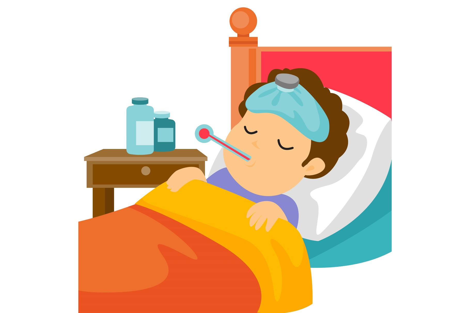 Sick caucasain white man laying in bed., a Healthcare Illustration by ...