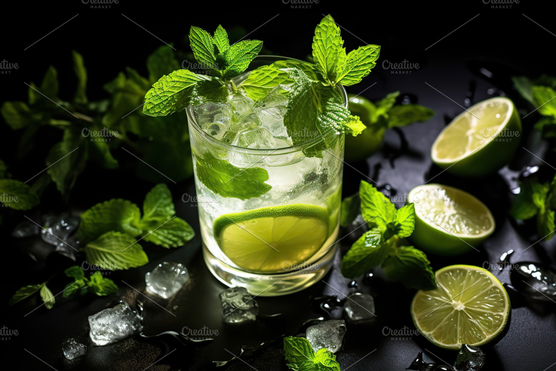 Alcoholic mojito with ice and mint on black background, a Food & Drink Photo by AlyaAnd