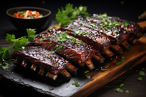 BBQ grilled ribs meat on wooden board, a Food & Drink Photo by AlyaAnd
