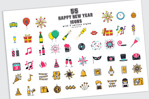 55 happy new year icons in 3 styles