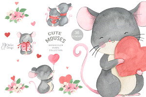 MOUSE Clipart. Watercolor Cute Mice