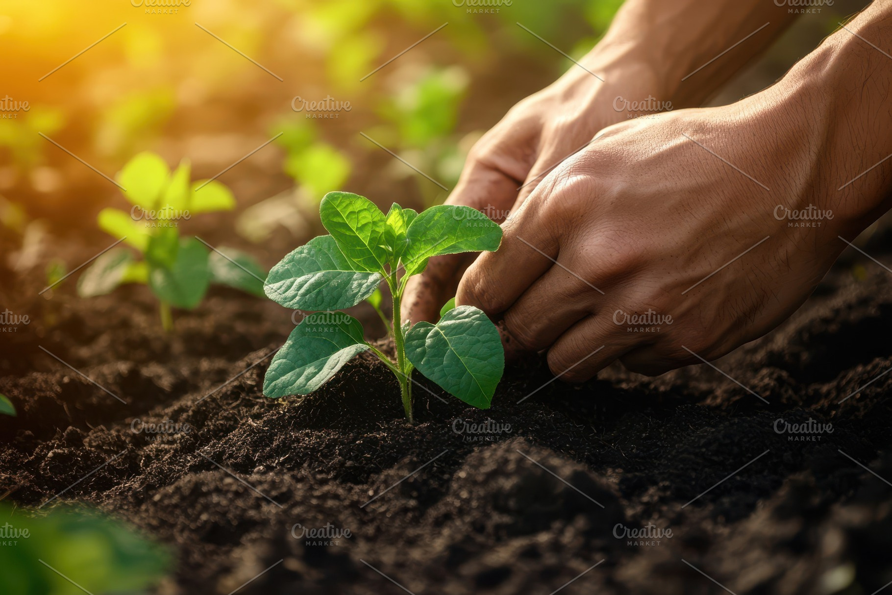 Close-up of farmers hands planting, a Photo by Pavel_design