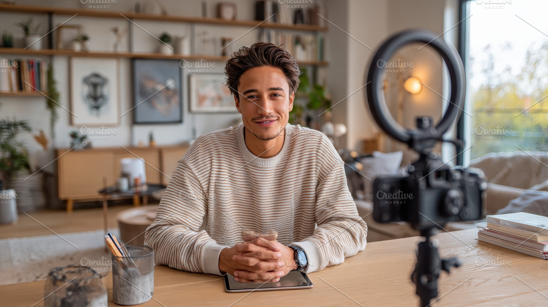 Young man vlogging in his home studi, a Photo by Pixeness Studio