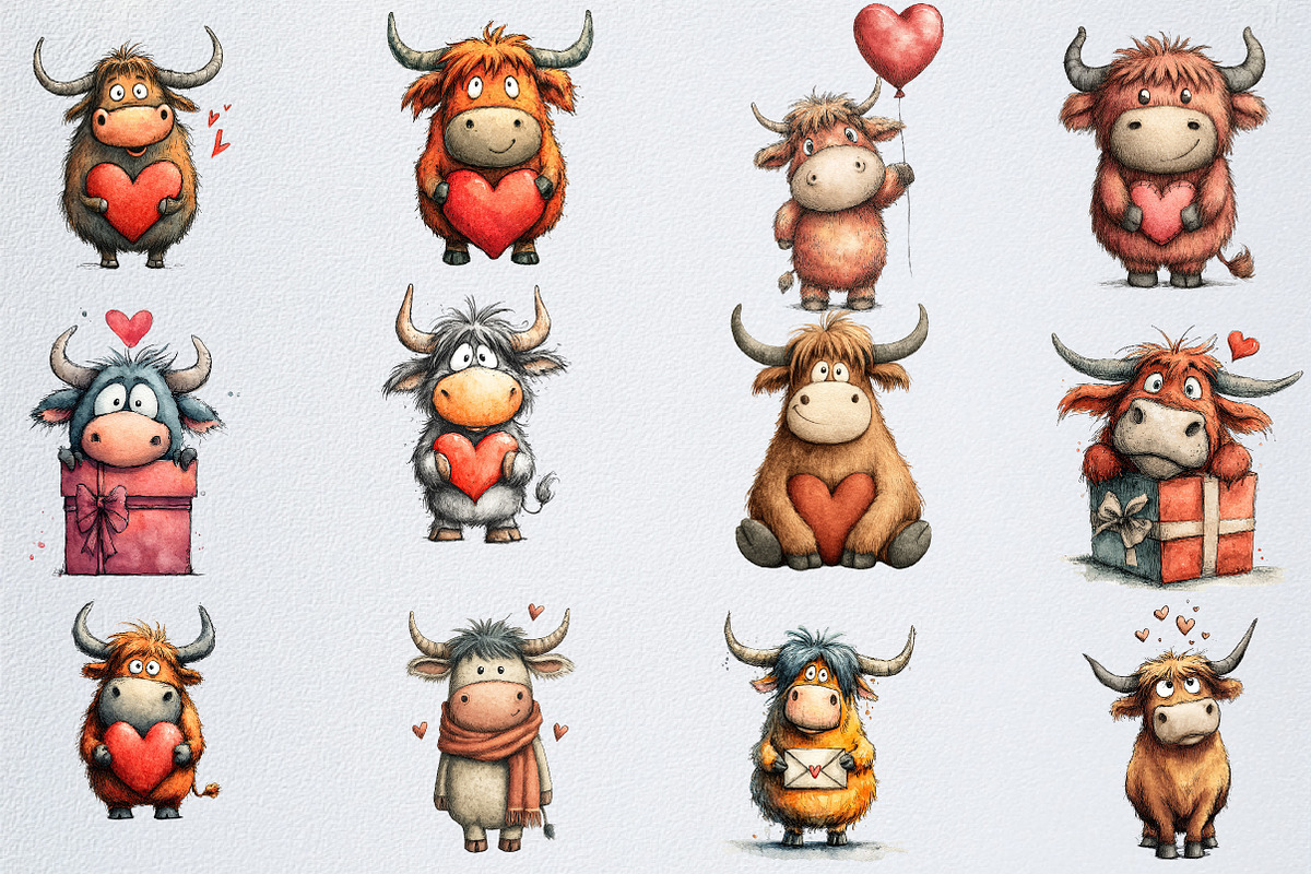 Quirky Valentine Highland Cow Clipar, an Illustration by Watercolor design (Photo 2 of 5)