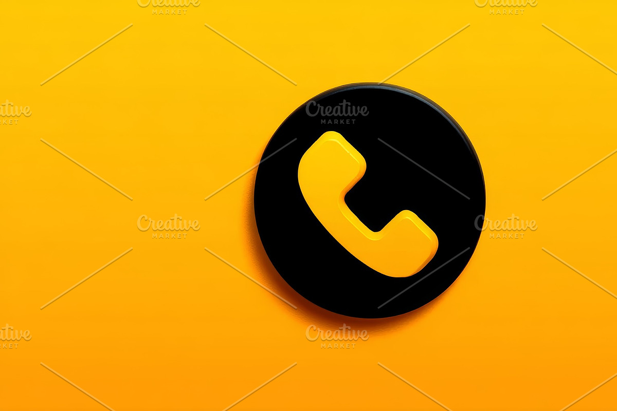 Bright yellow phone call icon on black circle for modern communication and bran, an Illustration by AS photostudio