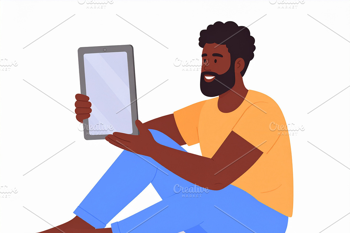 Illustration of black man sitting holding picture frame, a Technology Illustration by DanFLCreativo