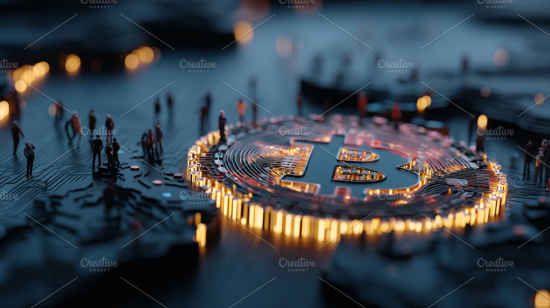 Glowing bitcoin on a circuit board with miniature people representing cryptocur, a Photo by AS photostudio