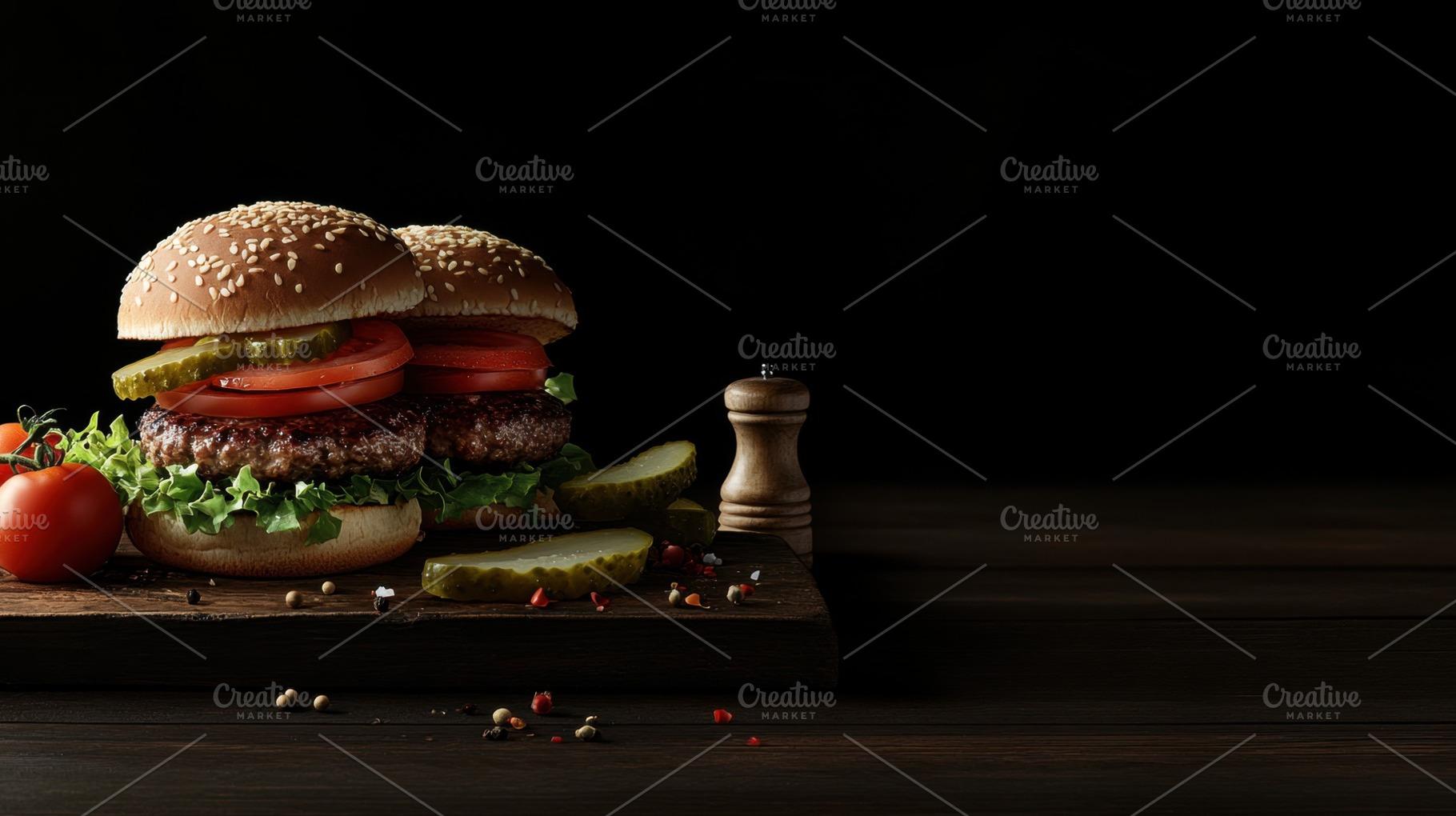 Gourmet burger on wood board, a Photo by Beautiful things