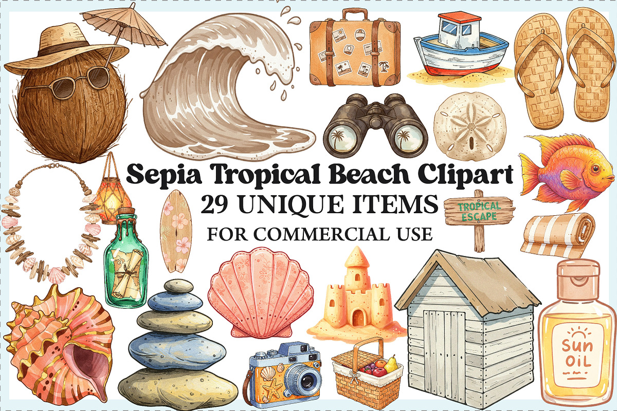 Sepia Tropical Beach Clipart, an Illustration by Craft Nest (Photo 1 of 5)