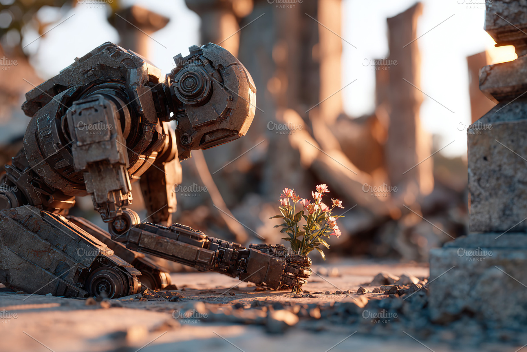 Humanoid robot kneeling in a desolate landscape with flowers in its hands, a Photo by AlyaAnd