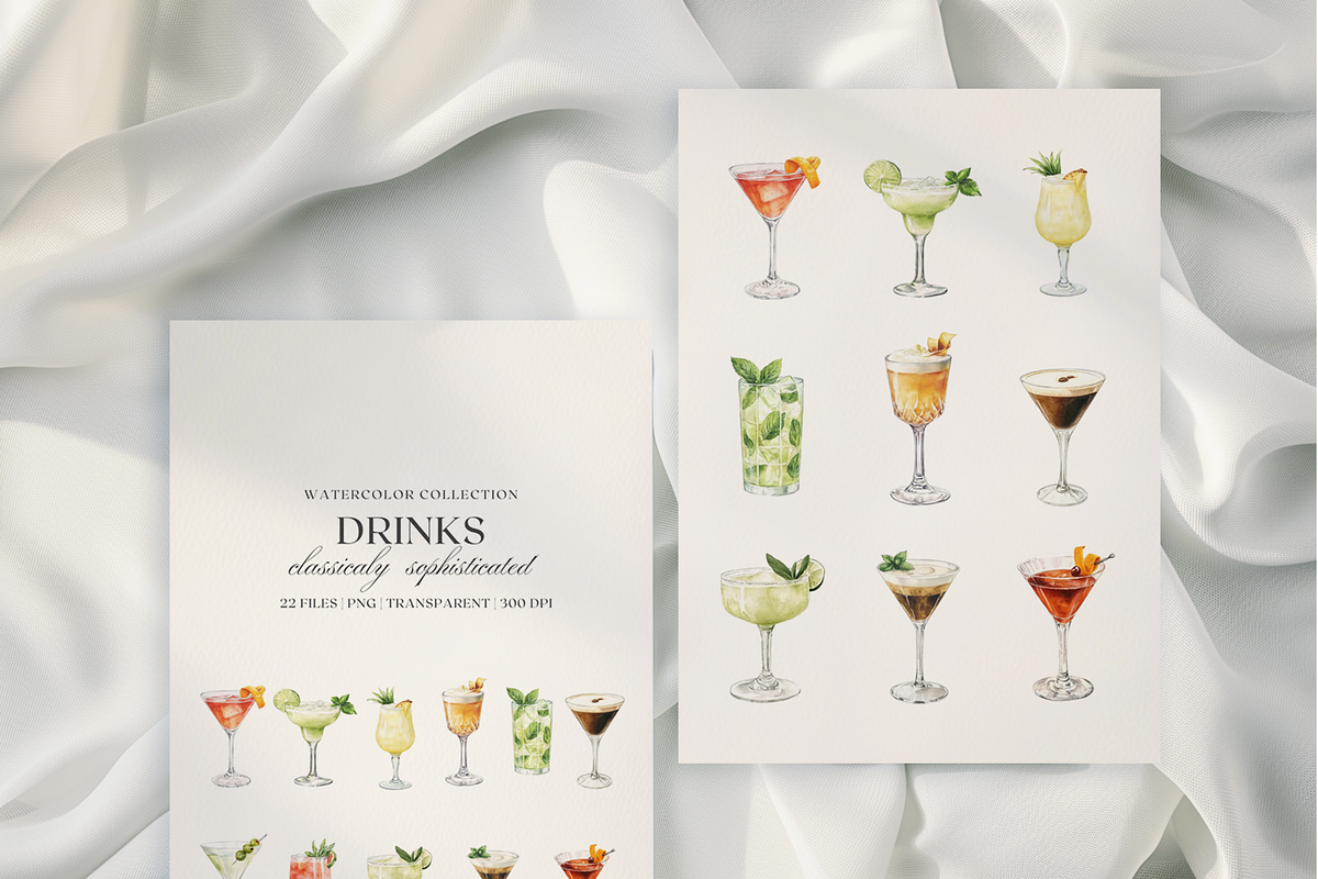 Watercolor Classic Cocktails Clipart, a Decorative Illustration by ThaismotaCreativeCo (Photo 2 of 6)