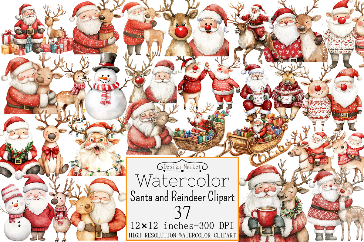 Santa and Reindeer Clipart, a Seasonal Illustration by Design Market (Photo 1 of 4)