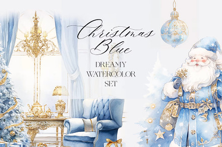 Christmas Blue Watercolor Dreamy Set