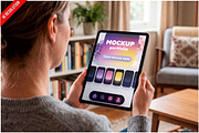 Woman Holding Tablet Living Room PSD, a Device Mockup by Bruno's Shop (Thumbnail 1 of 3)