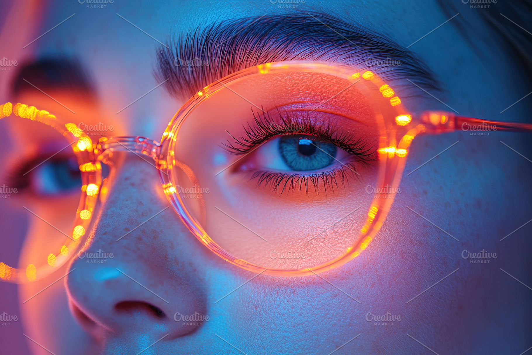 Close-up of a person wearing glowing glasses with vibrant colors, a Beauty & Fashion Photo by AlyaAnd