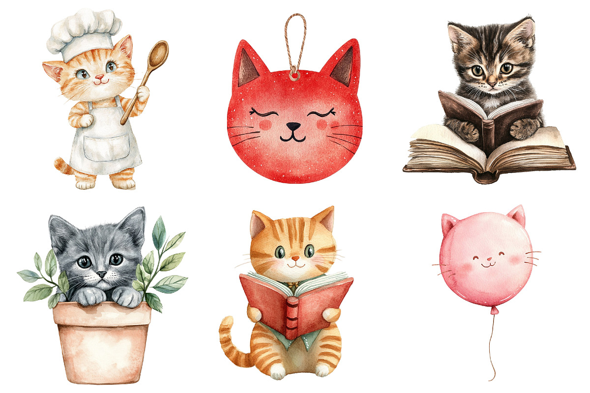 Watercolor Cute Cat Lover Clipart, a Seasonal Illustration by CitraGraphics (Photo 2 of 6)