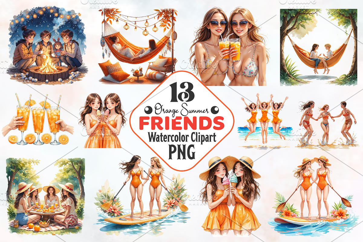 Orange Summer Friends Watercolor Png, an Illustration by RobertsArt (Photo 1 of 8)