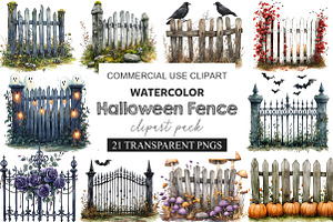 Watercolor Halloween Fence Clipart, a Work Illustration by cherrydesign