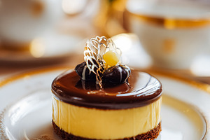 Gourmet chocolate mousse cake beautifully plated, offering a lux, a Food & Drink Photo by Studio ANNA