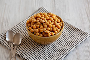 Organic Raw Canned Chickpeas in a Bowl, side view., a Food & Drink Photo by LiudmylaChuhunova