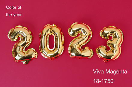 Viva magenta color of the year 2023. New Year 2023. Foil balloons numbers 2023