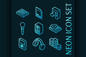 DJ set icons. Blue glowing neon