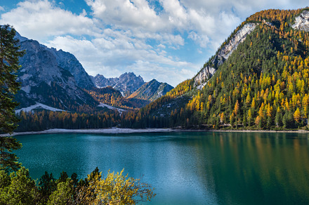Autumn peaceful alpine lake Braies or Pragser Wildsee. Fanes-Sen, a Nature Photo by YuriyB