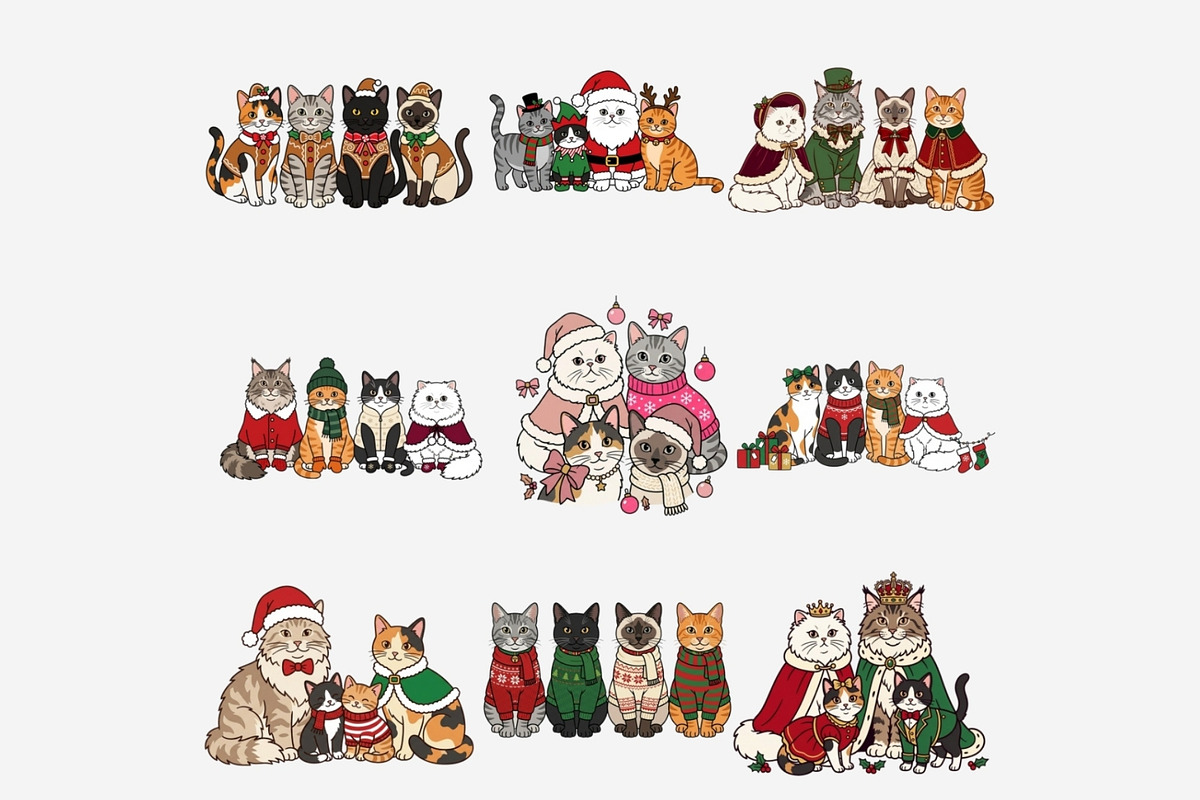 Christmas Cat Groups Clipart Bundle, a Seasonal Illustration by Tanya Kart (Photo 7 of 10)