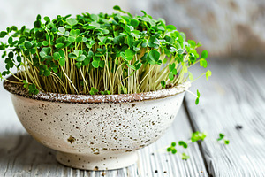 Microgreen broccoli in bowl on wooden background, a Food & Drink Photo by AlyaAnd
