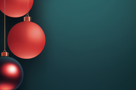 Christmas red and green matte ornaments on teal green background, a Photo by Dvoevnore photos
