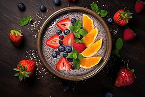 Chia pudding with berries and granola in bowl, a Food & Drink Photo by AlyaAnd