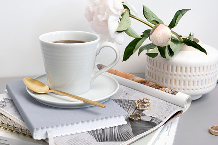 Coffee and Peonies Stock Image, a Business Photo by Her Creative Studio
