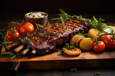 BBQ marinated meat with vegetables on wooden table, a Food & Drink Photo by AlyaAnd