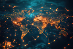 World map with glowing lines, a Transportation Photo by Pavel_design