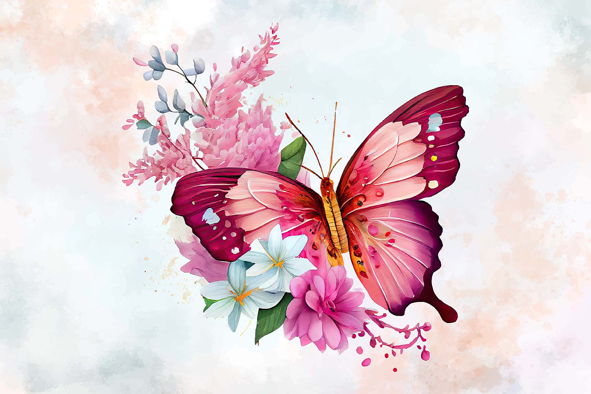 Pink Butterfly with Flowers Bundle, a Graphic by Moon Studio