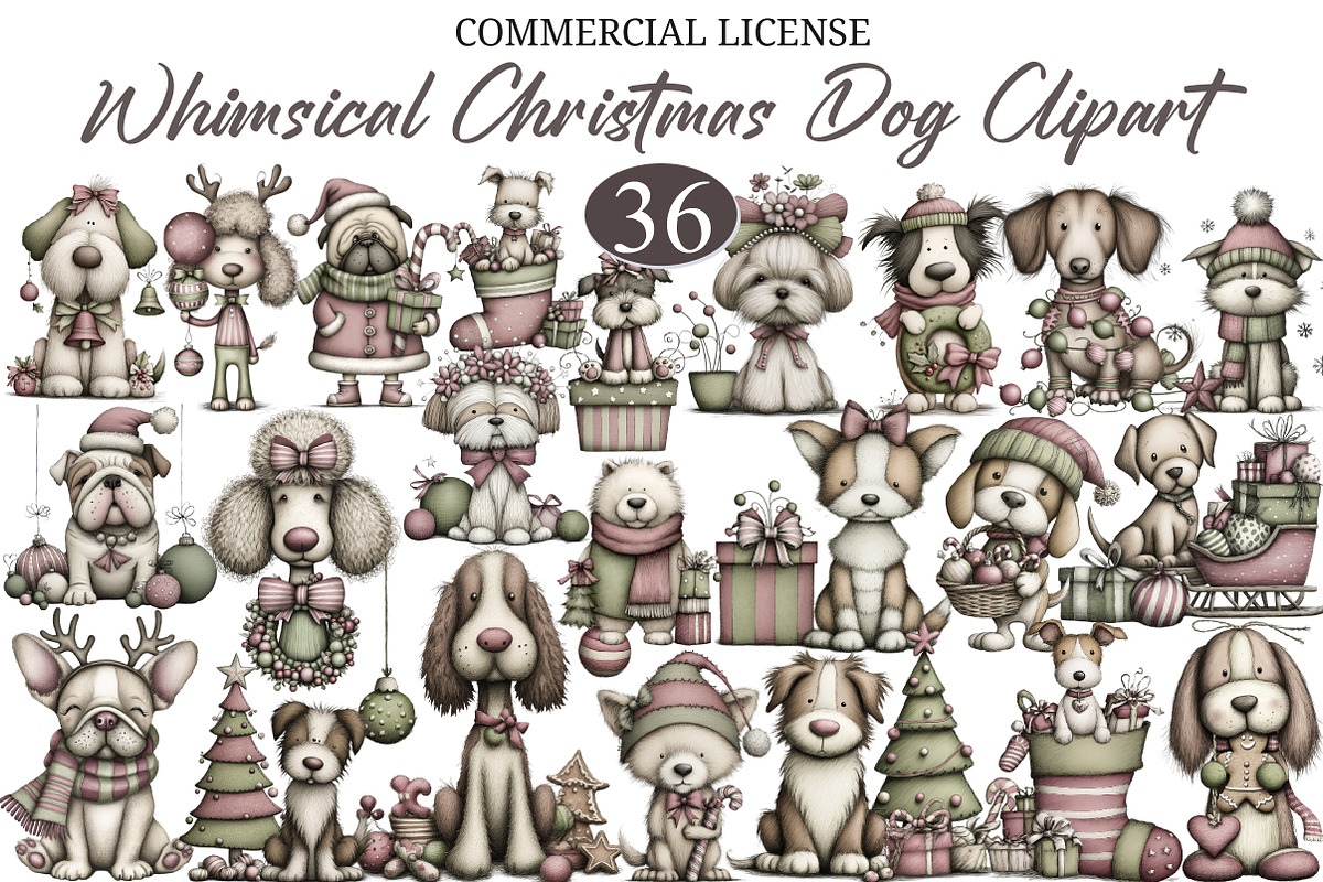 Whimsical Christmas Dog Clipart, a Seasonal Illustration by designcity5 (Photo 1 of 5)