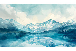 Lake with Snowcapped Mountains, an Illustration by LadadikArt