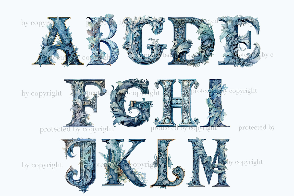 Blue Flowers Alphabet Clipart, a Decorative Illustration by GlamArtZhanna (Photo 2 of 5)