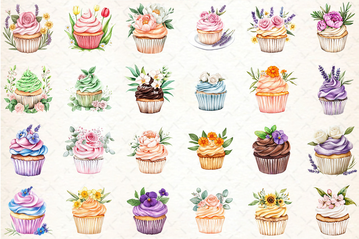 Watercolor Floral Cupcake Clipart, an Illustration by DreamCafeArt (Photo 2 of 5)