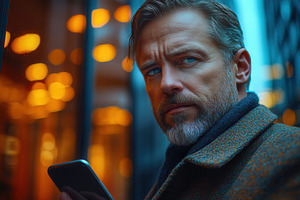 Man with blue eyes checking smartpho, a Photo by Tanuart