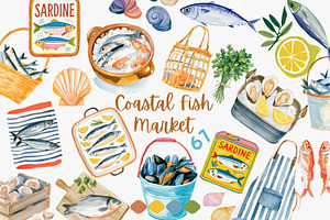 coastal seafood market clipart set, a Decorative Illustration by Patishop Art