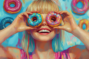 Cheerful girl holding colorful donut, a Photo by Pavel_design