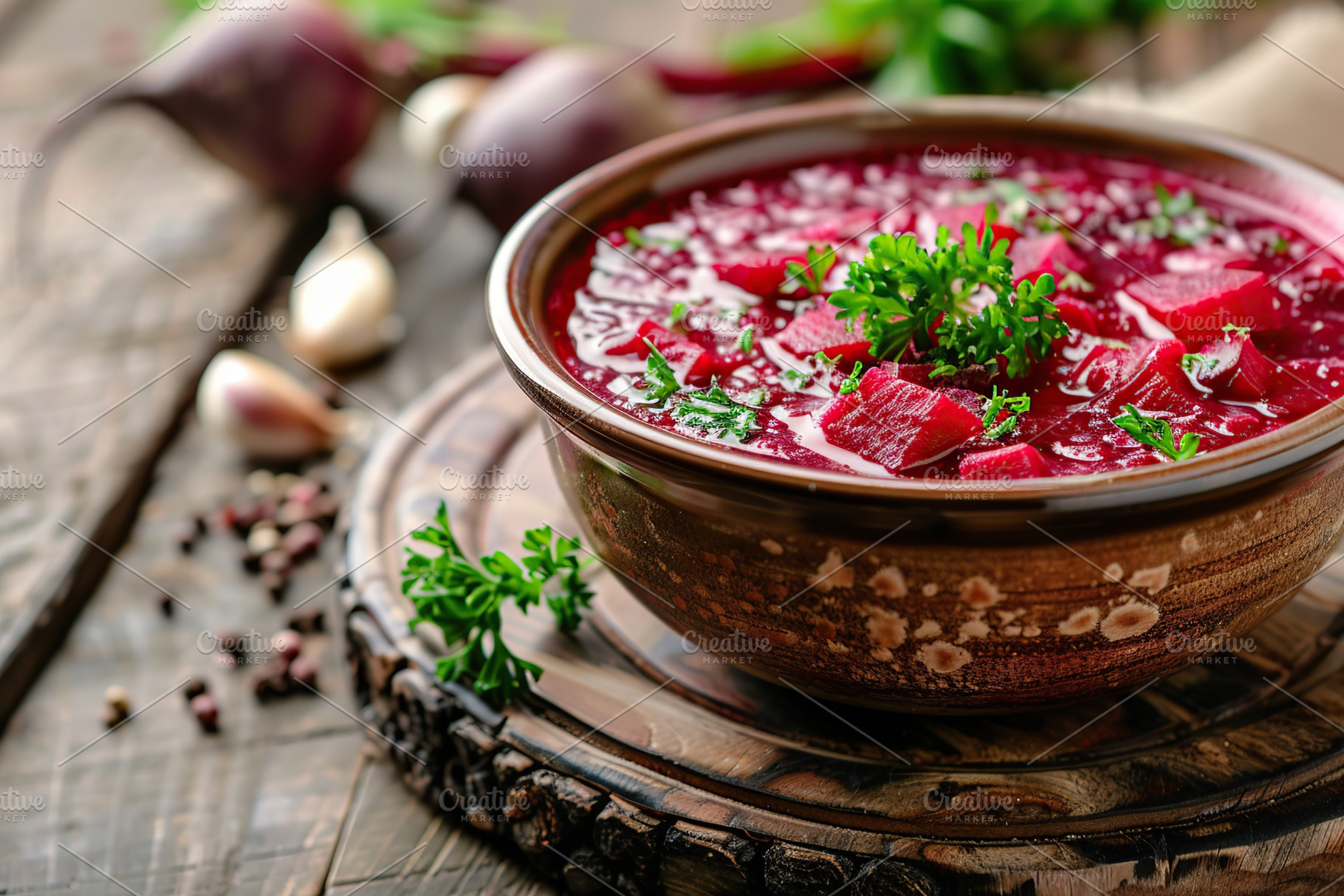 Bowl of beet root soup borsch on wooden table, a Photo by AlyaAnd