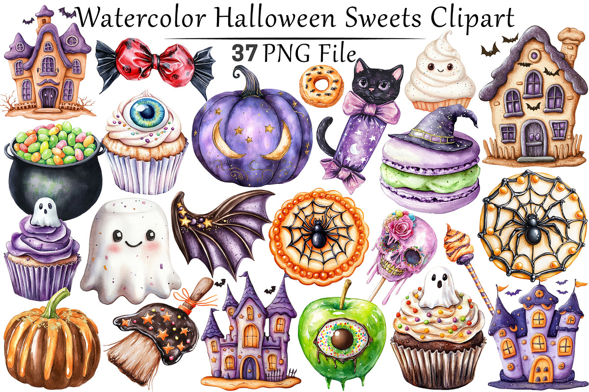 Watercolor Halloween Sweets Clipart, a Seasonal Illustration by CitraGraphics (Photo 1 of 8)